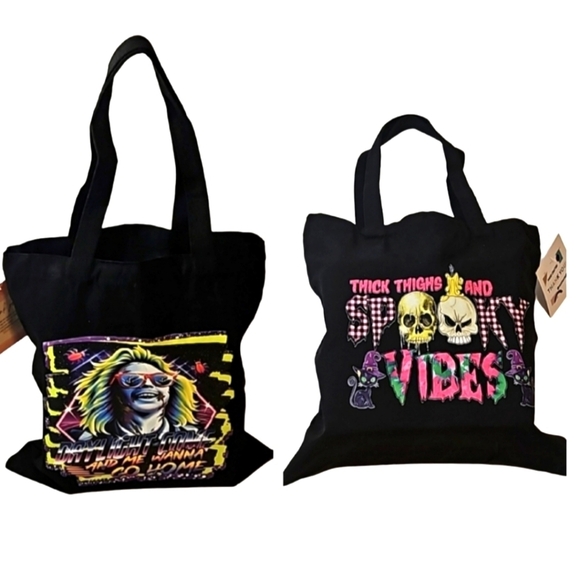 Skull Tote Bag Halloween Goth Reusable Cotton Canvas Purse - Picture 5 of 17